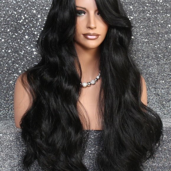 Human hair blend Wig Wvy Black Layered Heat OK - Picture 2 of 7